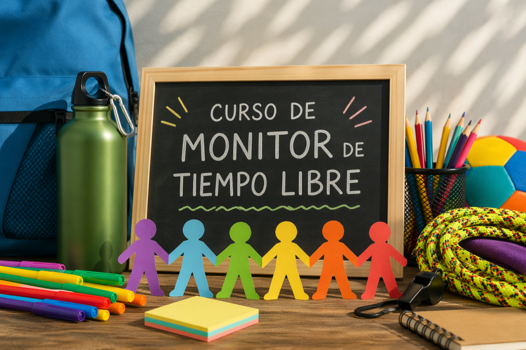 Pizarra con el texto “Curso de monitor de tiempo libre” rodeada de material educativo y de actividades al aire libre, como mochila, rotuladores, cuerda, lápices de colores y figuras de papel.